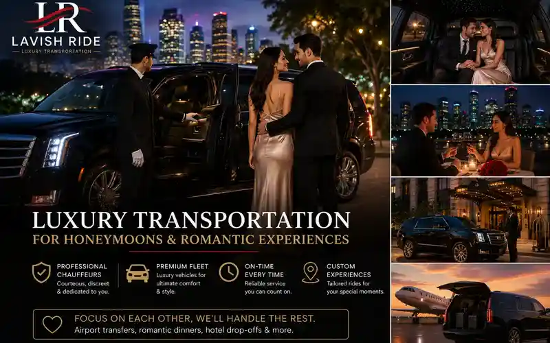 Luxury transportation for Houston honeymoons and romantic experiences with private chauffeur service, black SUV travel, airport transfers, romantic dinners, and luxury hotel transportation for couples